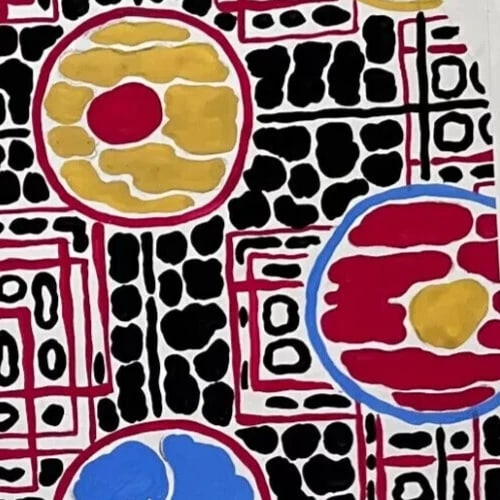 Textile Drawing Black Blue Red Flowers Fabric Artwork Antique Drawing Original - 6