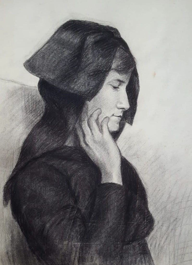 Woman Portrait with Hat - Drawing Antique Charcoal: Title: Woman Portrait with Hat - Drawing Antique Charcoal Description: Antique Drawing Charcoal Woman Portrait Charcoal paper 65 x 47 cm folds, tears, stains Reserve: $150.00 Shipping:Domestic: