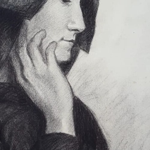 Woman Portrait with Hat - Drawing Antique Charcoal - 3