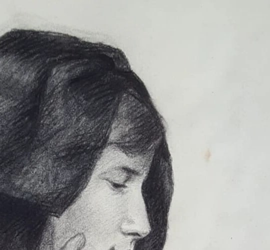 Woman Portrait with Hat - Drawing Antique Charcoal - 4