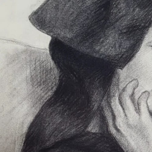 Woman Portrait with Hat - Drawing Antique Charcoal - 5