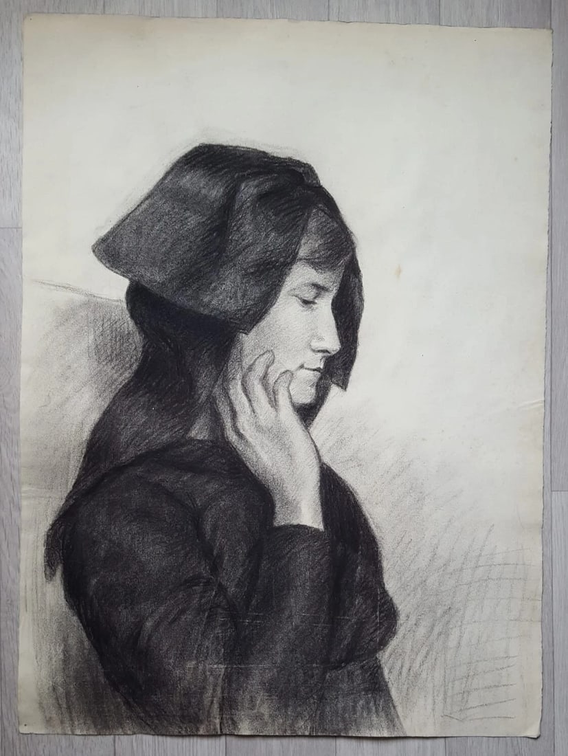 Woman Portrait with Hat - Drawing Antique Charcoal - 8