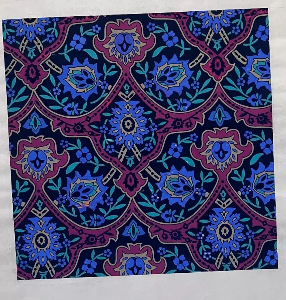 Antique Drawing Original Textile Drawing Purple Blue Flowers Fabric Floral - 3