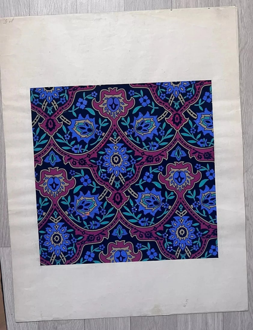 Antique Drawing Original Textile Drawing Purple Blue Flowers Fabric Floral - 4