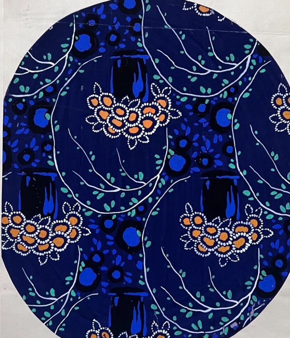 Antique Drawing Original Textile Drawing Black Blue Yellow Flowers Artwork - 3