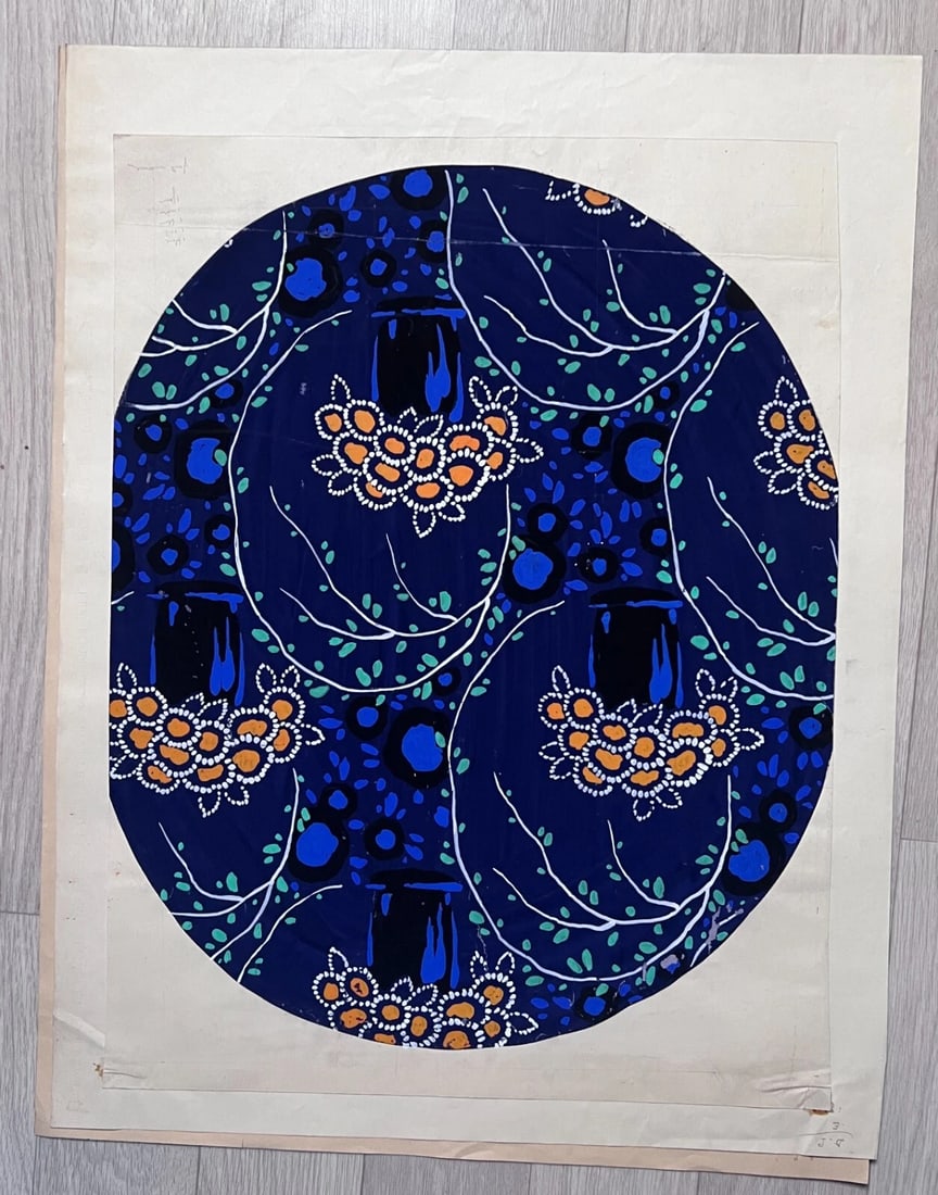 Antique Drawing Original Textile Drawing Black Blue Yellow Flowers Artwork - 4