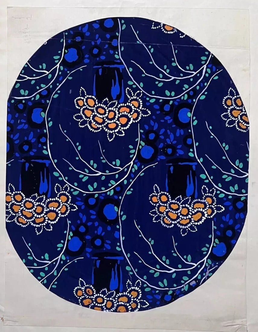 Antique Drawing Original Textile Drawing Black Blue Yellow Flowers Artwork - 5