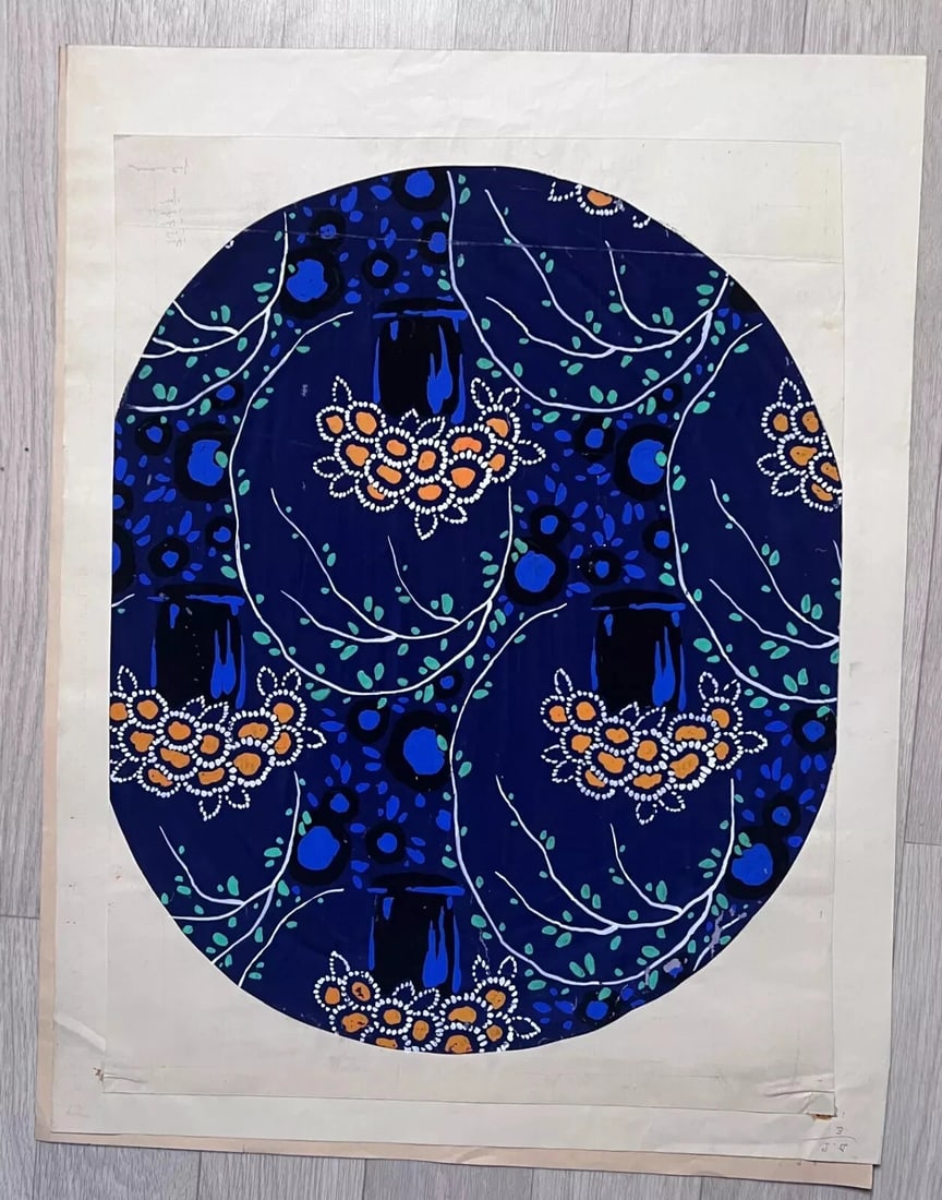 Antique Drawing Original Textile Drawing Black Blue Yellow Flowers Artwork - 7