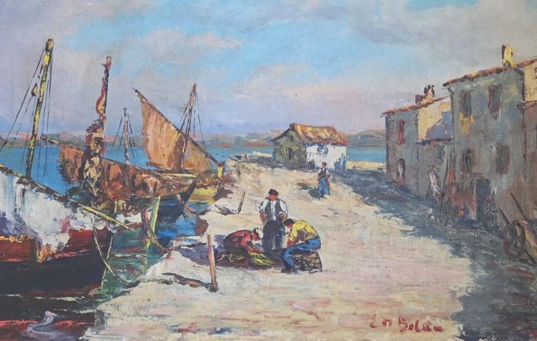 Antique Original Painting Seaview Landscape, Martigues, Fishermen signed: Title: Antique Original Painting Seaview Landscape, Martigues, Fishermen signed Description: Antique Original Painting Seaview Landscape, Martigues, Fishermen signed Oil on canvas 48 x 73.5 cm signed