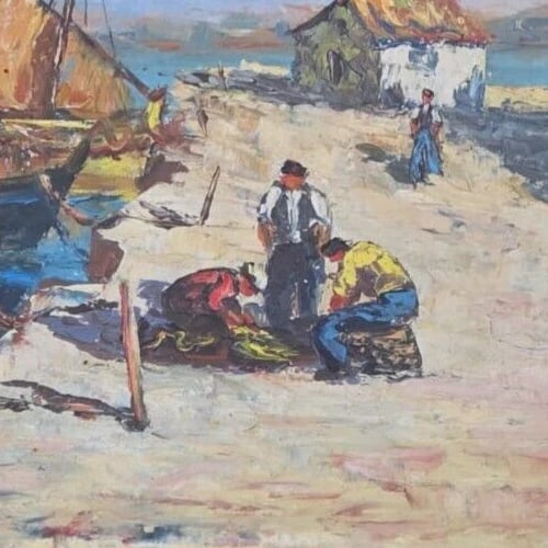 Antique Original Painting Seaview Landscape, Martigues, Fishermen signed - 3