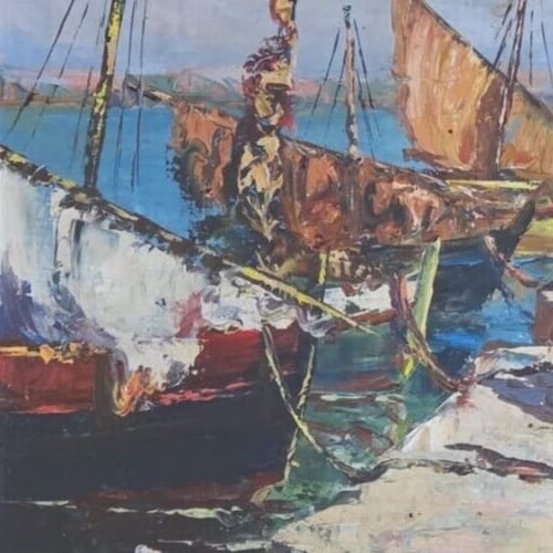 Antique Original Painting Seaview Landscape, Martigues, Fishermen signed - 4