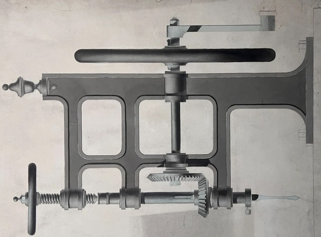 Antique Architecture Drawing Building, Engineering Machine c. 1850: Title: Antique Architecture Drawing Building, Engineering Machine c. 1850 Description: Antique Architecture Drawing Building, Engineering Machine c. 1850 watercolor on paper 45 x 60 cm signed stains,