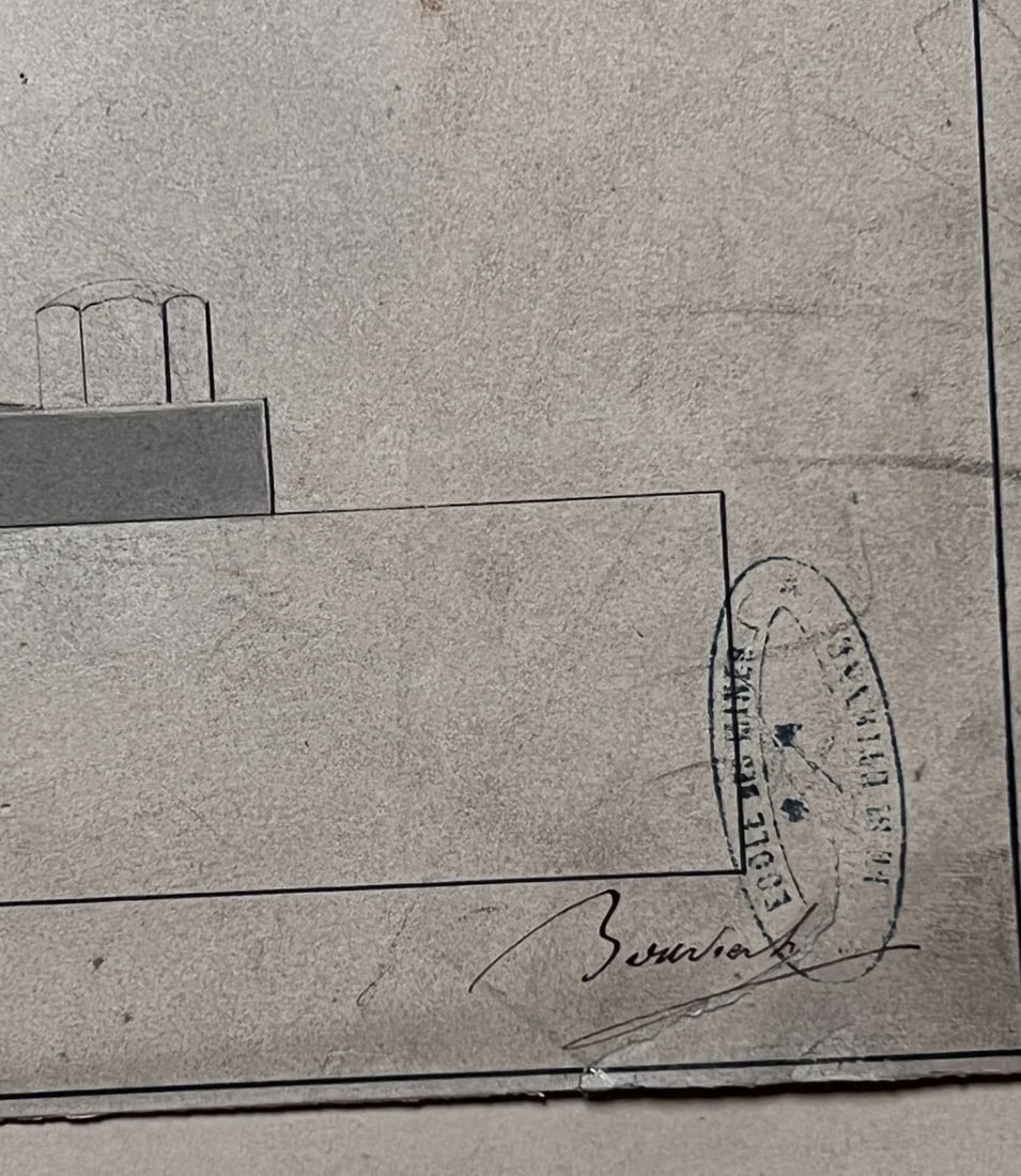 Antique Architecture Drawing Building, Engineering Machine c. 1850 - 3