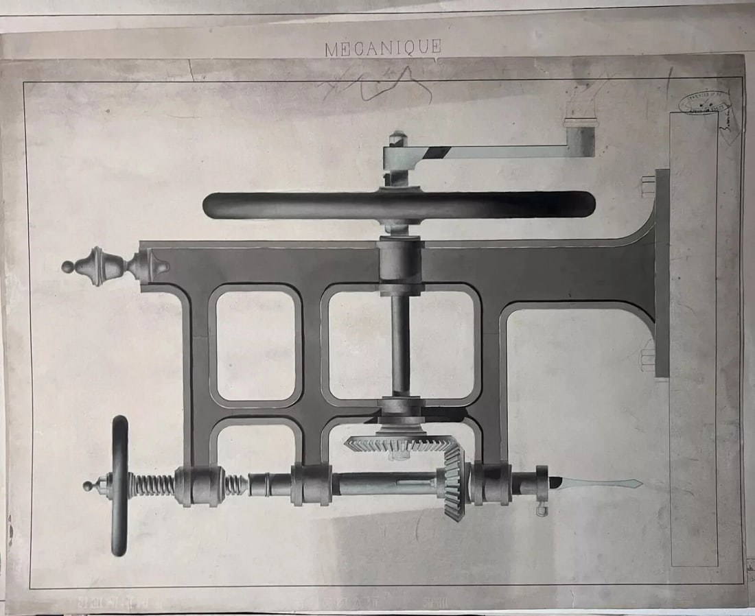 Antique Architecture Drawing Building, Engineering Machine c. 1850 - 8