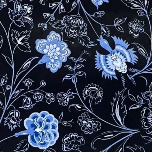 Antique Drawing Original Textile Drawing Black Blue Flower Fabric Artwork Floral - 3