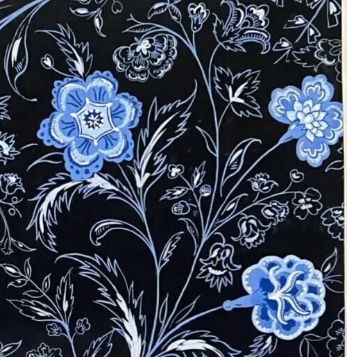 Antique Drawing Original Textile Drawing Black Blue Flower Fabric Artwork Floral - 5