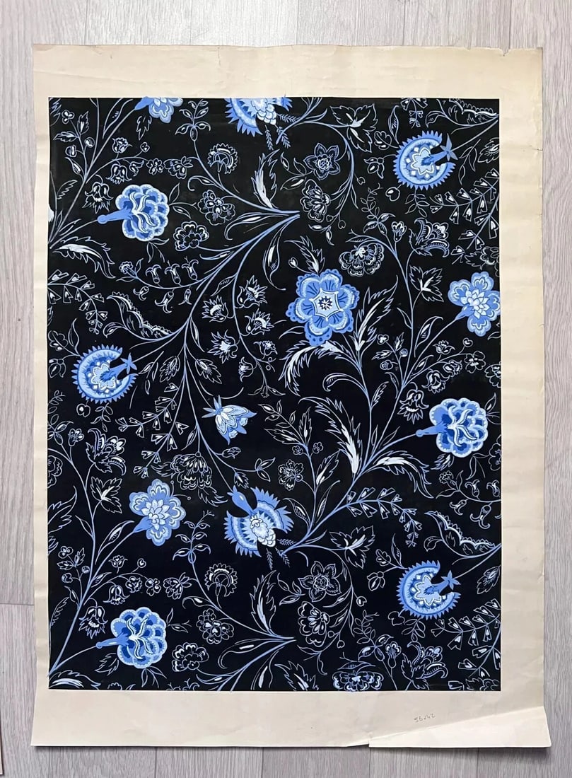 Antique Drawing Original Textile Drawing Black Blue Flower Fabric Artwork Floral - 7