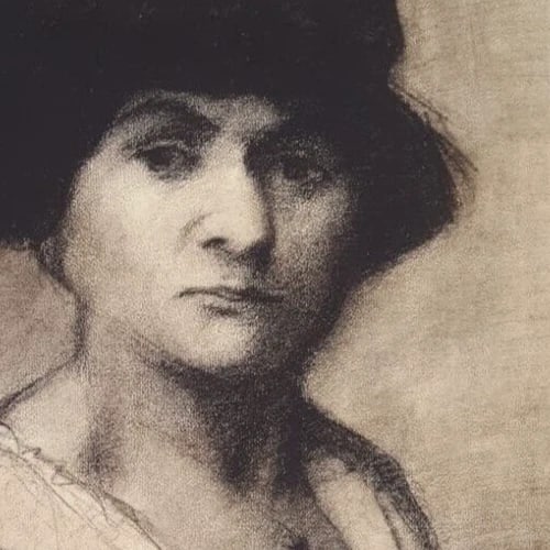 Antique Drawing Charcoal Woman Portrait with Hat - 3