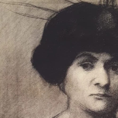 Antique Drawing Charcoal Woman Portrait with Hat - 4