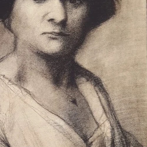 Antique Drawing Charcoal Woman Portrait with Hat - 5