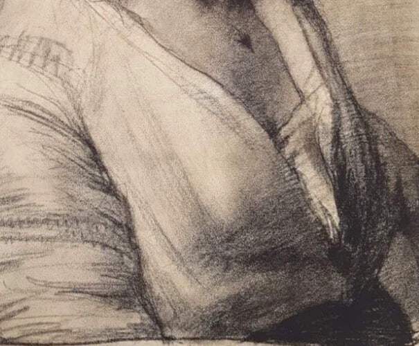 Antique Drawing Charcoal Woman Portrait with Hat - 6