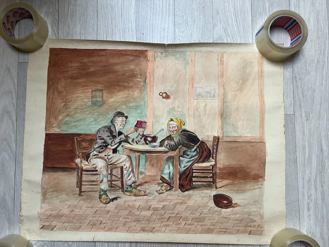 Antique Original Drawing Man, Portrait, Woman, Old People, Life Scene - 2