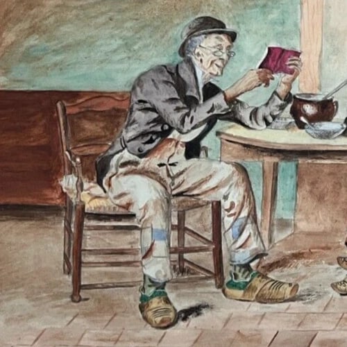 Antique Original Drawing Man, Portrait, Woman, Old People, Life Scene - 3