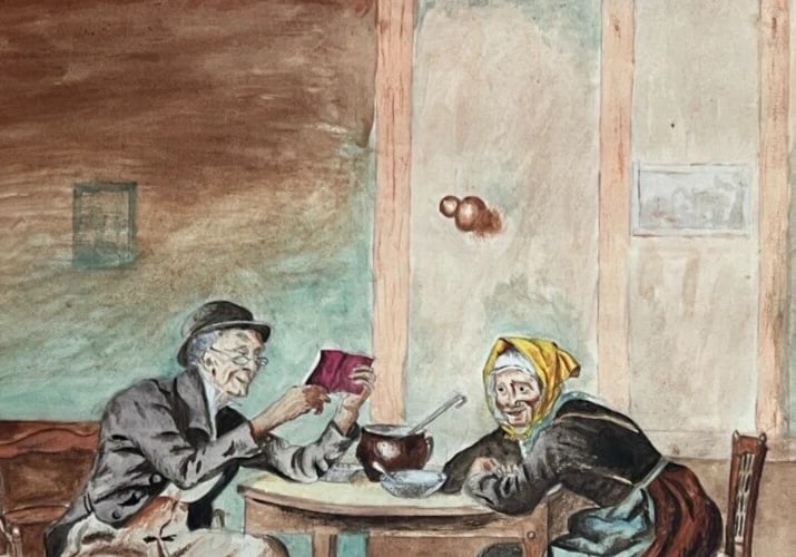 Antique Original Drawing Man, Portrait, Woman, Old People, Life Scene - 5