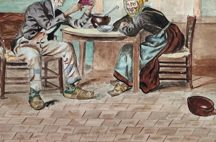 Antique Original Drawing Man, Portrait, Woman, Old People, Life Scene - 7