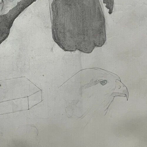 Antique Original Drawing Sculpture, Animal, Bird, Crow - 6