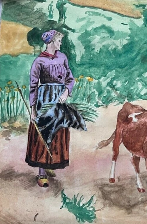 Antique Original Drawing Portrait, Woman, Fields, Working Life Scene - 3