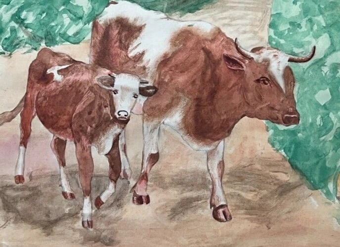 Antique Original Drawing Portrait, Woman, Fields, Working Life Scene - 5