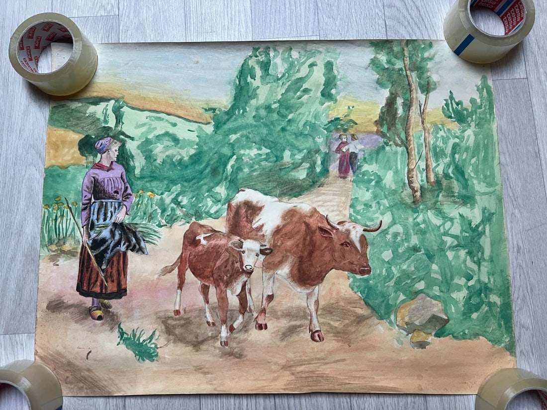 Antique Original Drawing Portrait, Woman, Fields, Working Life Scene - 6