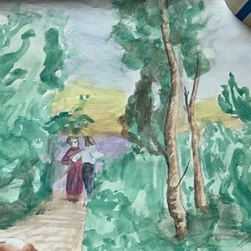 Antique Original Drawing Portrait, Woman, Fields, Working Life Scene - 7