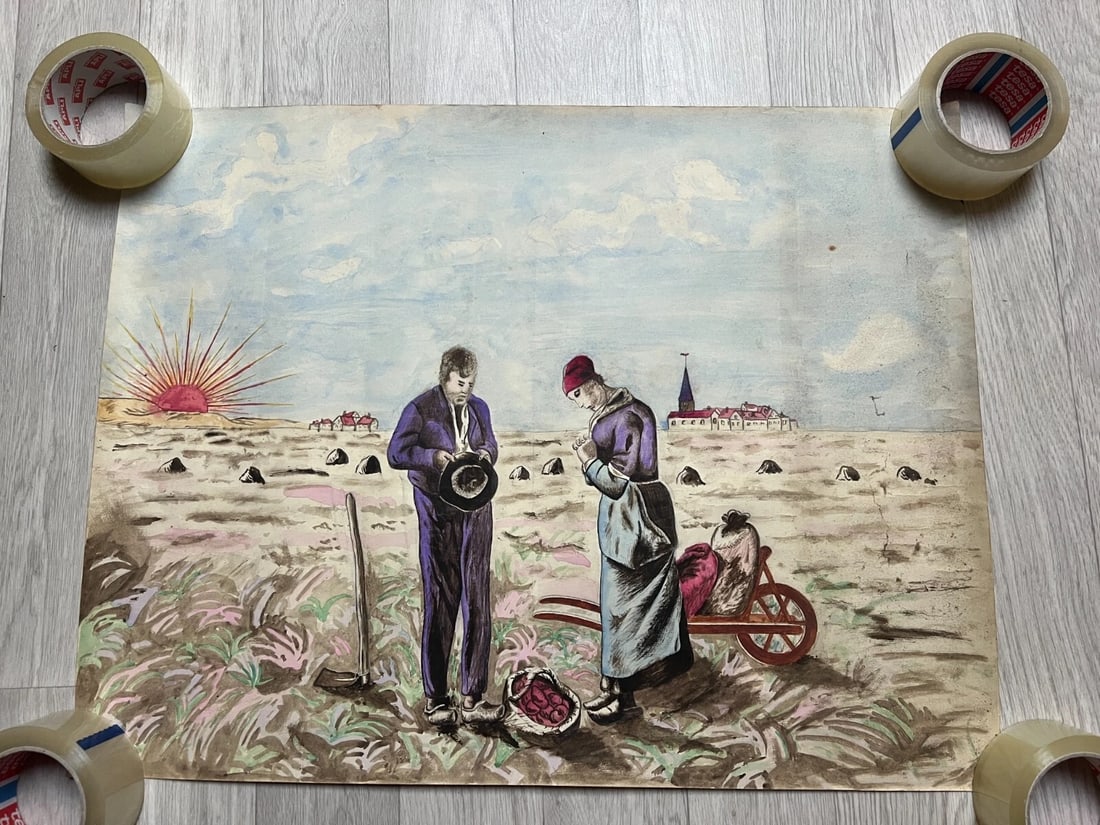 Antique Original Drawing People, Landscape, Working Life, Farmers, Portrait - 2