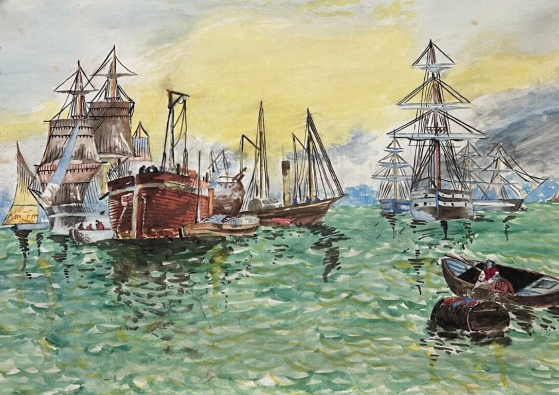 Seaview, Boars, People, Sunset, Landscape Drawing Antique Original: Title: Seaview, Boars, People, Sunset, Landscape Drawing Antique Original Description: Antique Original Drawing Seaview, Boars, People, Sunset, Landscape Watercolor paper 65.5 x 50 cm folds, stains,