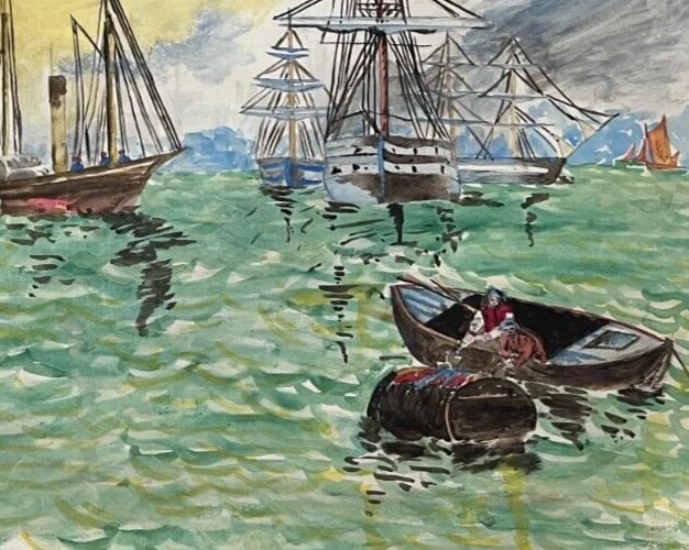 Seaview, Boars, People, Sunset, Landscape Drawing Antique Original - 5