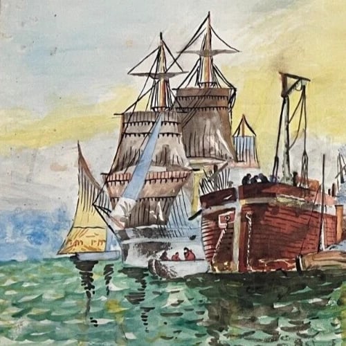 Seaview, Boars, People, Sunset, Landscape Drawing Antique Original - 7