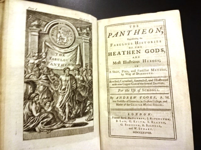 1778 Leather The Pantheon Heathen Gods: Title: 1778 Leather The Pantheon Heathen Gods Description: Fine leather bound edition of “The Pantheon representing the Fabulous Histories of the Heathen Gods and Most illustrious Heroes…