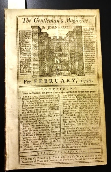 1737 Magazine Discovery of Longitude Perpetual Motion: Title: 1737 Magazine Discovery of Longitude Perpetual Motion Description: The February 1737 issue of The Gentlemen's Magazine, printed at London by Sylvanus Urban and E. Cave, 64 pages. First article