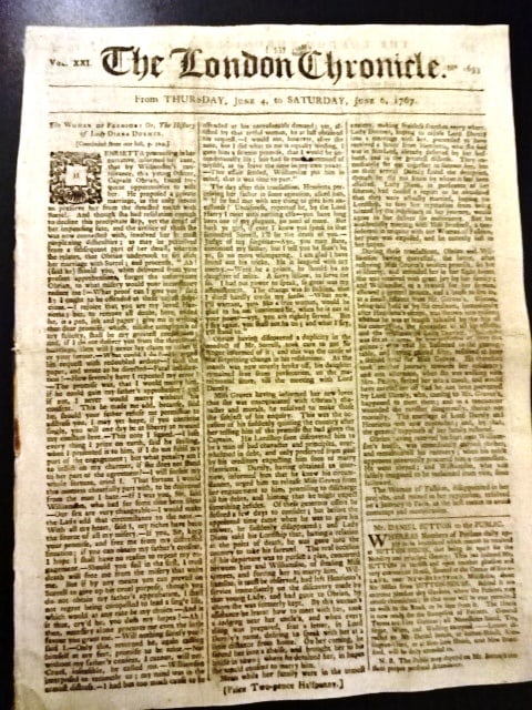 1767 London Chronicle West Indies: Title: 1767 London Chronicle West Indies Description: The London Chronicle for June 4 through June 6, 1767. Eight8 page complete. Interesting content from the West Indies including a captain