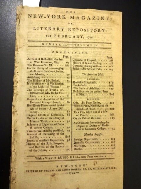 1793 New York Magazine Mary Wollstonecroft: Title: 1793 New York Magazine Mary Wollstonecroft Description: [Mary Shelley Association Piece] The February issue of "The New-York Magazine" printed by Thomas and James Swords, 1793. Interesting