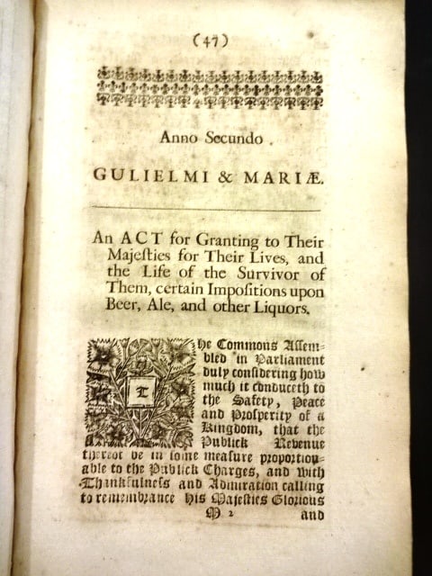 1690 English Act Reign of William and Mary Beer Liquor - 2