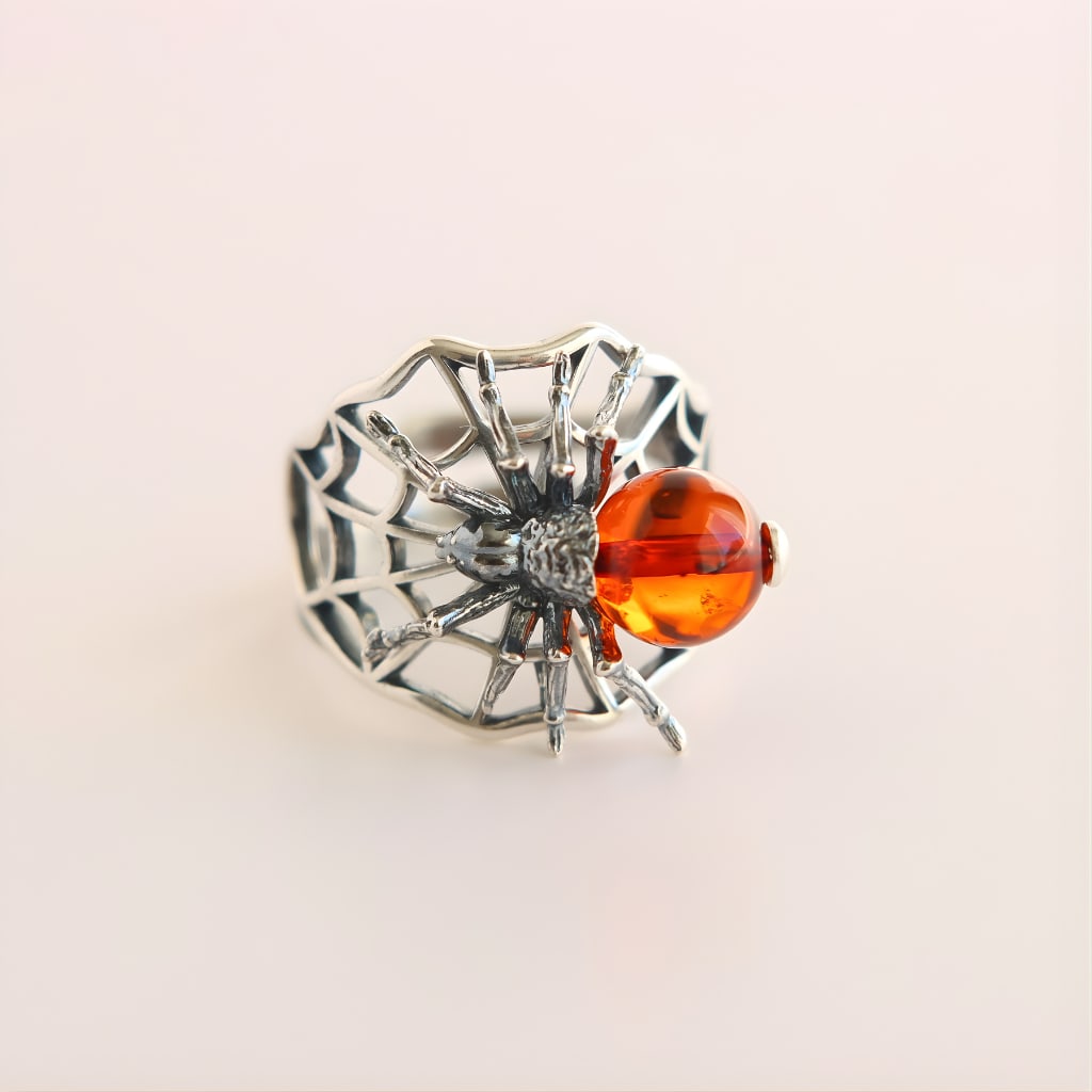 Cherry Baltic Amber Spider - Sterling Silver Ring - 2