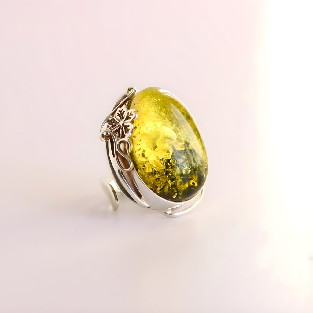 Baltic Green Amber Sterling Silver Ring- Handmade - 4