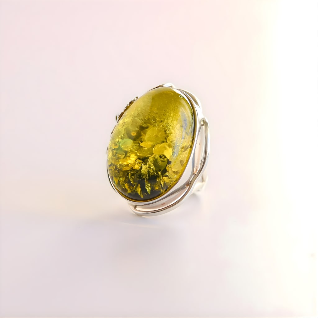 Baltic Green Amber Sterling Silver Ring- Handmade - 7