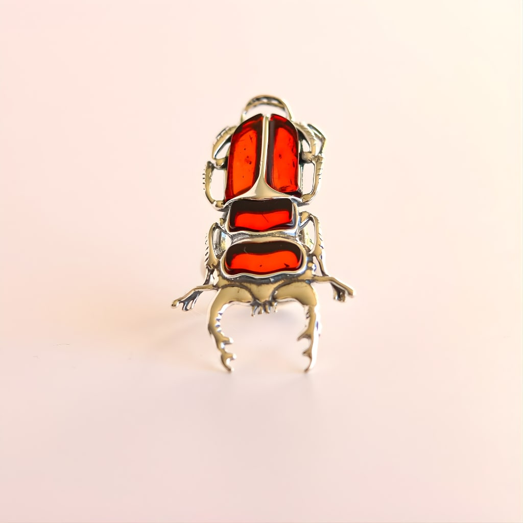 Baltic Cherry Amber Scarab Ring in Sterling Silver - 4