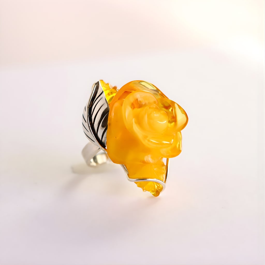 Lemon Amber Rose Ring in Sterling Silver- Handmade - 2
