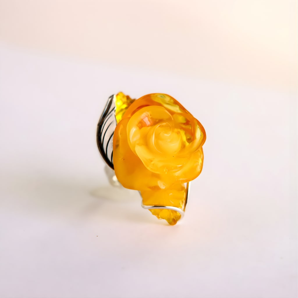 Lemon Amber Rose Ring in Sterling Silver- Handmade - 3