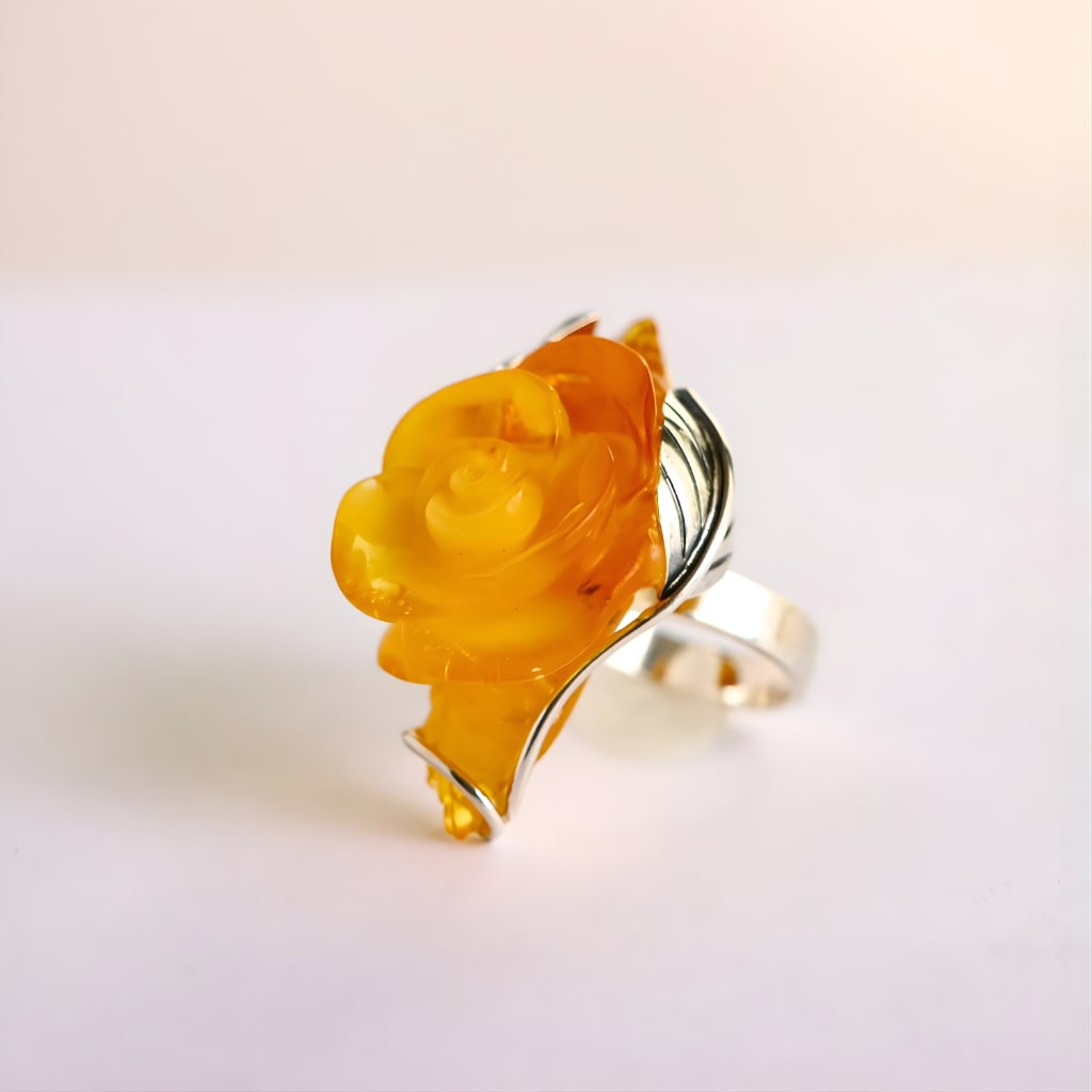Lemon Amber Rose Ring in Sterling Silver- Handmade - 4